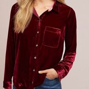 Anthropologie By MAEVE Burgundy Velvet‎ Button-Up Shirt